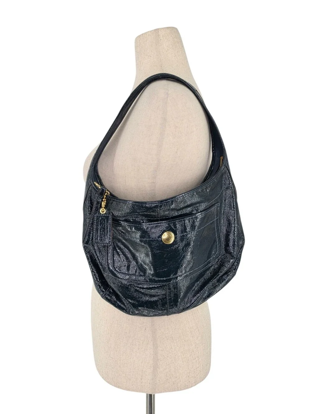 Coach F12886 Navy Patent Leather Hobo Shoulder Bag Gold Hardware Hangtag